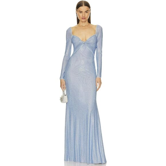 Self Portrait $870 Blue Iridescent Rhinestone Maxi Dress Formal Gown Size 4 NWT - Picture 3 of 10